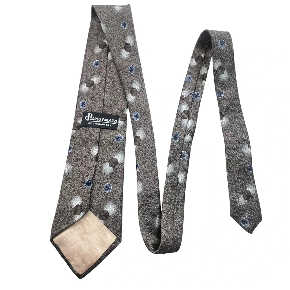Carlo Palazzi 100% Italian Silk Tie Brown Geometric 3.5